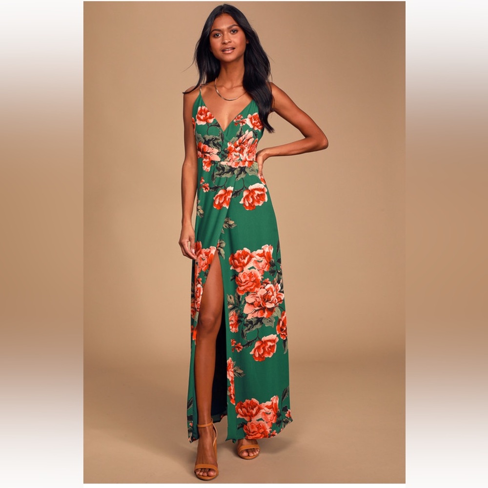 LuLu’s beautiful hunter green floral wrap dress!